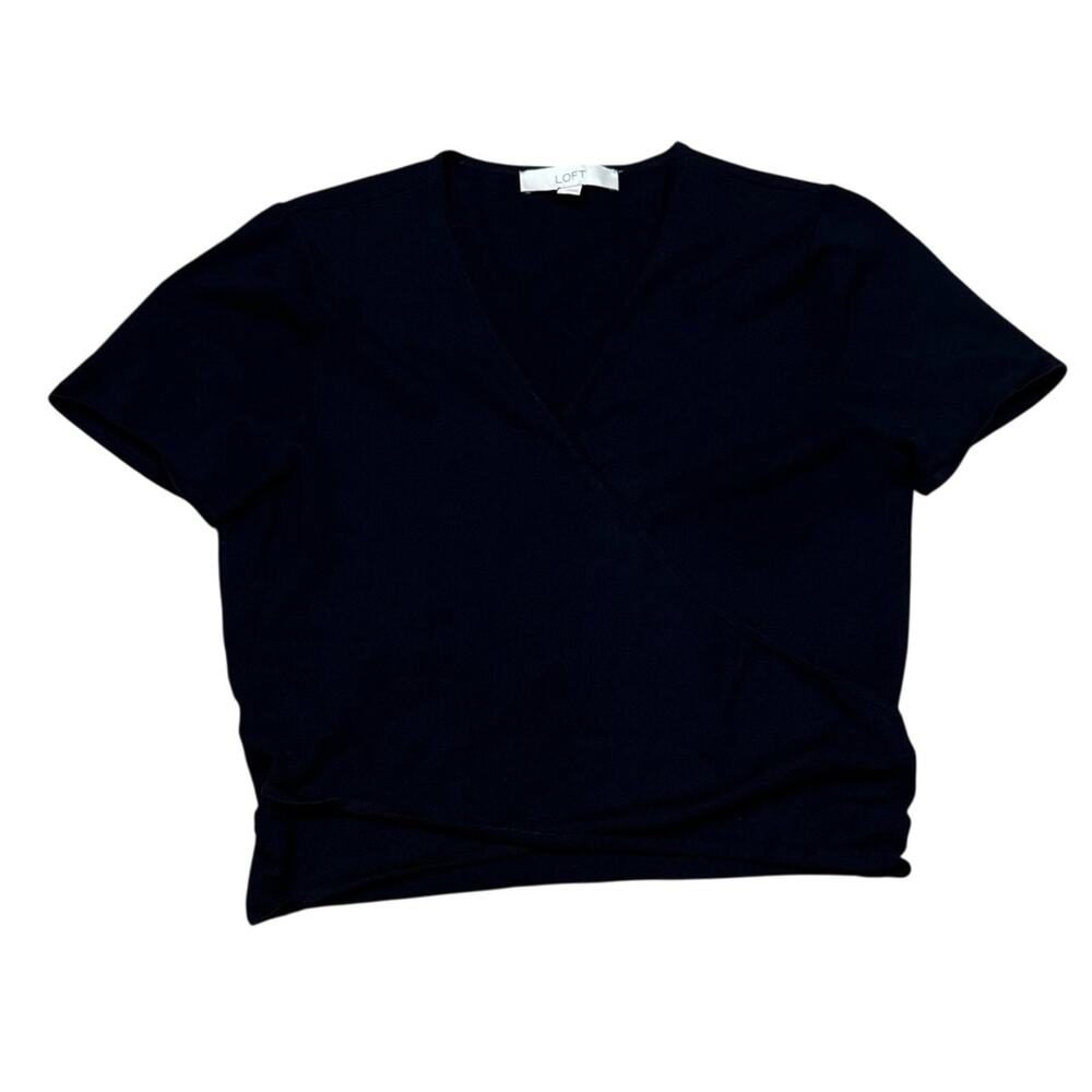 Loft short sleeve Faux Wrap Tshirt top Navy Blue Large Vneck cropped Stretch